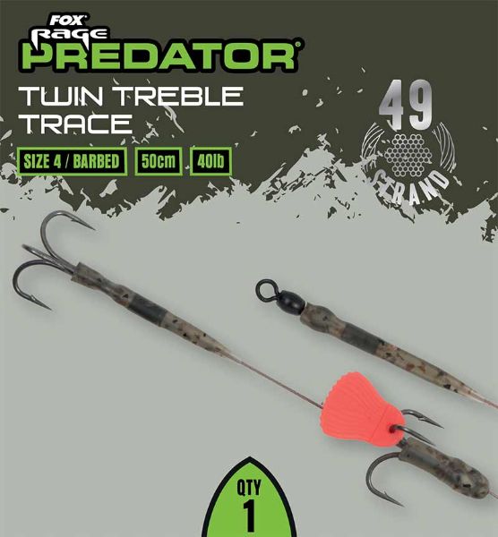 Fox Rage Predator Twin Treble Traces Barbed - 50cm Size 4 